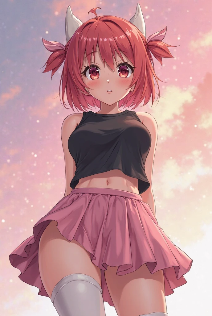 female with reddish pink hair to mid back, no bangs, green eyes, yellow shirt, yellow hair clip, red knee length skirt