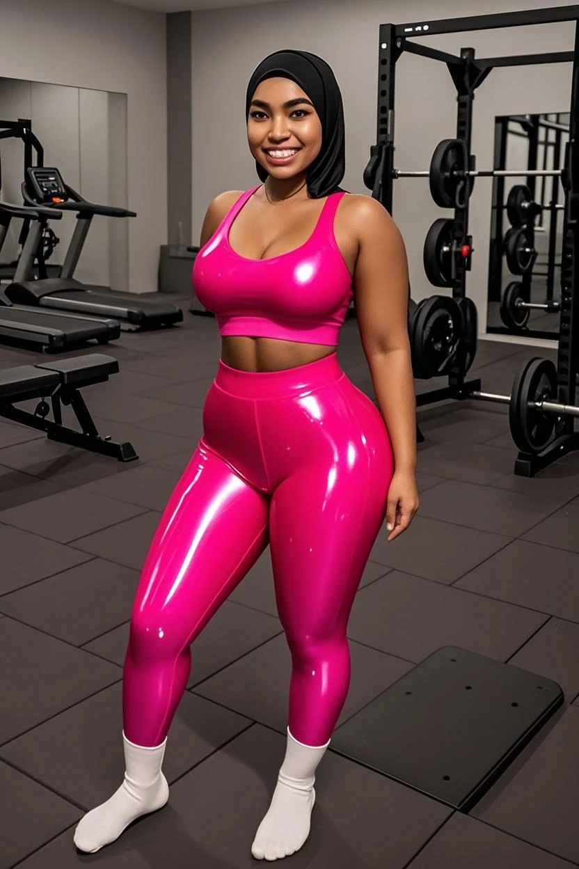 ((masterpiece, best quality)), black woman long full wavy black hair in a pink wrestling top and pink tights with black leather gloves black g string showing, photo realistic, intricate details