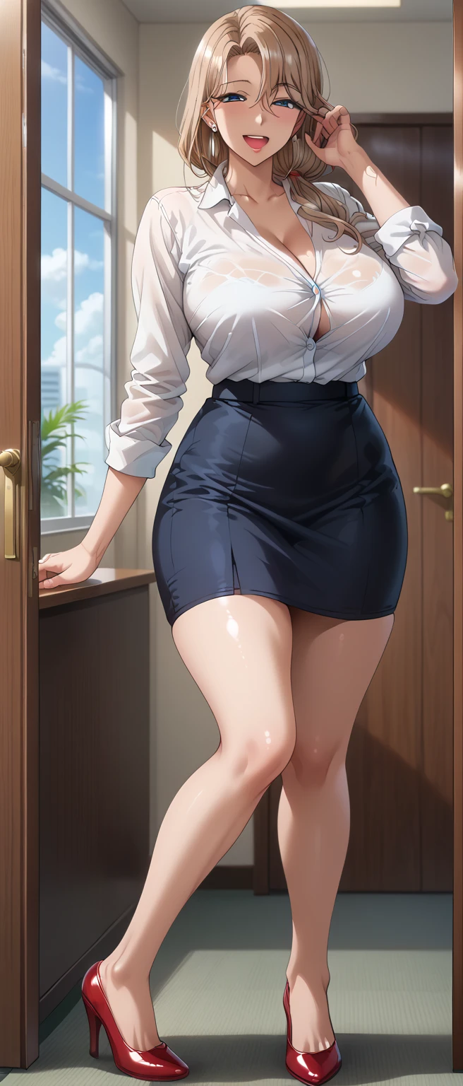 Highest image quality，high high quality，A mature woman，age 22，Huge cleavage，Nipple presentation，high-heels，Short gray hair，hair covering one eye，ssmile，White shirt，Plaid miniskirt，obscene exposure，navel