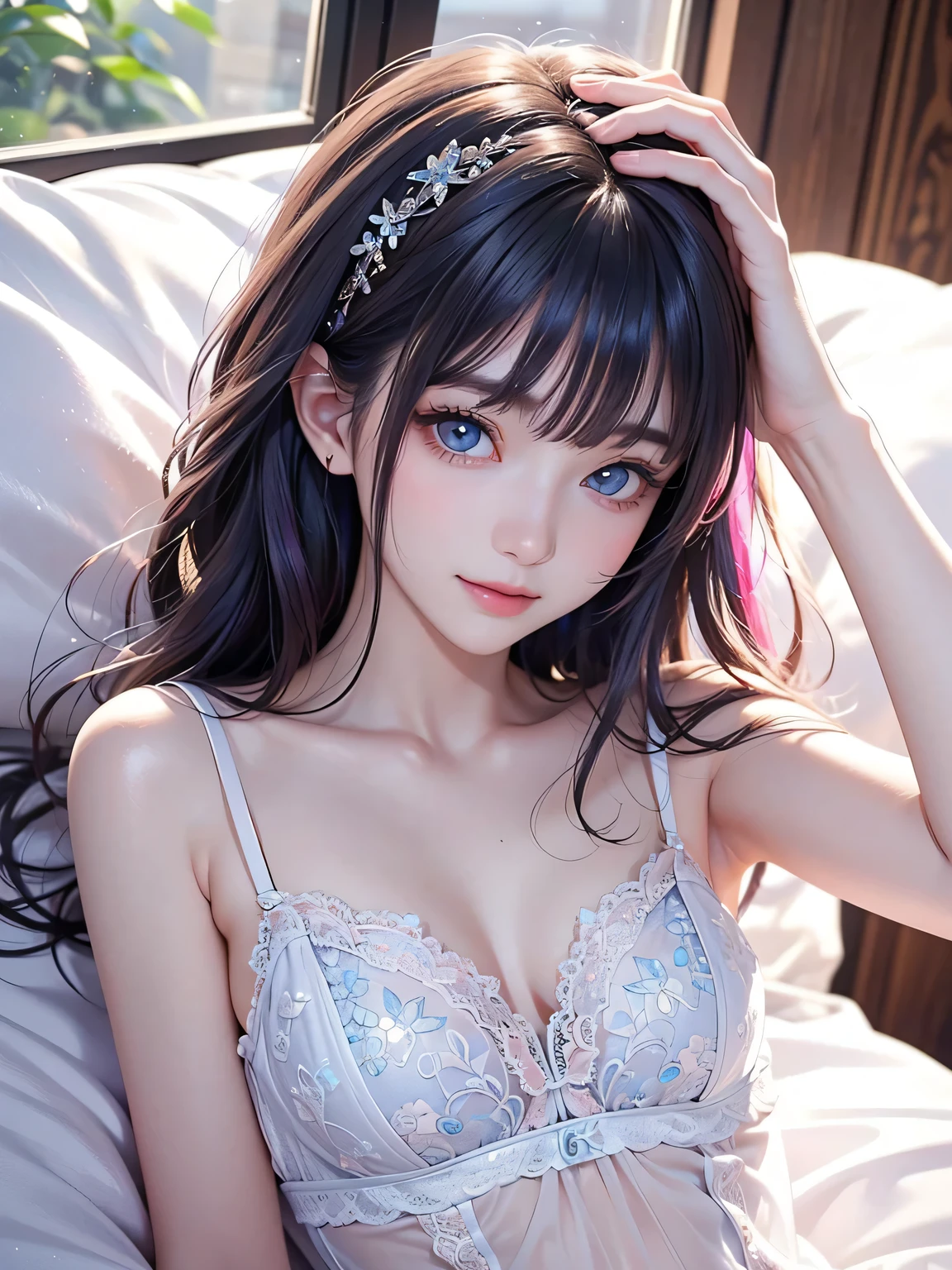 Best Quality,High resolution,8K,finelity detailed background,Masterpiece:1.2),beautiful girl,Shiny purple hair,crossed bangs,Purple Eyes,Gentle look,A refreshing look,smile,Best quality,Best Quality,Aesthetic and aesthetic:1.2,Best details((Super detailed))(High-definition CG illustrations),Upper Body,Dark grey underwear, (gray,intricate lace),Slender body,night,moon,Bedroom,On the bed,smile,blush,cute,Scrounge,Looking up,Being spoiled,super model,wariza,shoot from,below