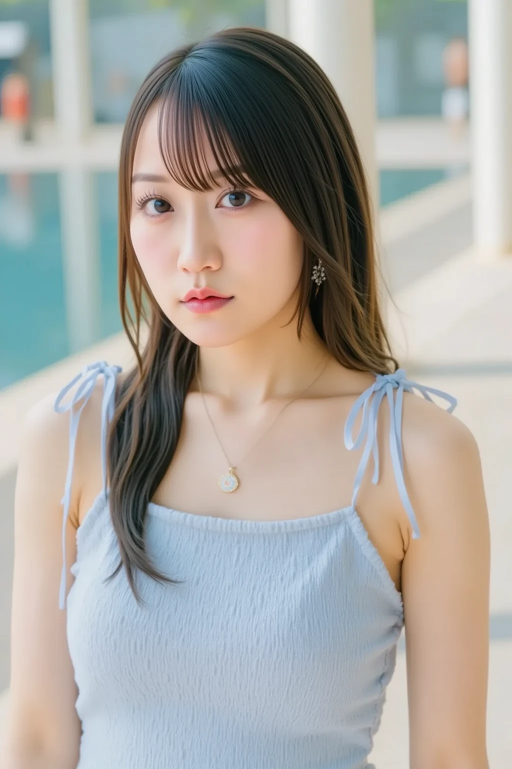 One girl,First Person View, (masterpiece:1.3), High resolution, Very detailed, Very detailedな CG Unity 8K 壁紙, Realistic, photo-Realistic, RAW Photos, Beautifully detailed face, Pale skin, Realistic glistening skin, Detailed cloth texture, Detailed hair texture, Perfect body, Beautiful Face, Accurate, Anatomically correct, Highly detailed face そして skin texture, Natural neck length, (Beautiful Hそしてs), (Fair skin:1.2),Heavy chest,  Charm,   Written boundary depth,   (Perfect Anatomy:1.2), Accurate手足, Accentuate your cleavage, Camel Toe:1.21, (Highest quality:1.4), 32k resolution,   High resolution32k UHD, (masterpiece:1.2)), (Improvement of quality:1.4), finely,Very detailed, Symmetrical eyes,  (Wide Hips),  (Large Breasts:1.4)Light shines in, Light and shadow are clear, Professional Cinema Lighting,  8K、超High resolution、Highest quality、Tabletop、超High resolution(Toned body:1.18),(日本のSchool Swimsuit、Navy one piece swimsuit、Navy blue student swimwear:1.3),  (By the pool)、School Swimsuit,(School Swimsuit)、((School Swimsuit))、Navy blue swimsuit, Ultra-realistic 8K CG,masterpiece,Highest quality,Detailed Shadows,High resolutionスキャン,