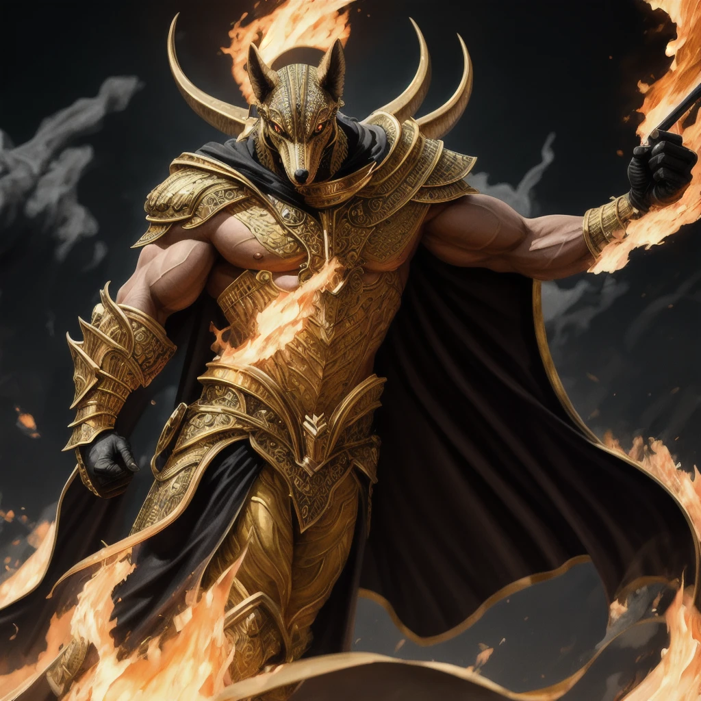 (high-quality), photorealistic, (oil painting) jewellery, (solo), (Dynamic posture), Right, ((The gates of hell)), Fire, Hellscape, (Underworld), (Dark landscape), Anubis, Egyptian god with the head of a jackal, anthro, muscular, (Holding gold scales), Dynamic posture, Cinematic, Dramatic camera angle, Golden Armor: 0,25, Black-gold cape, (good anatomy), (Good proportions), Award-winning, masterpiece, In the center, --auto --s2
