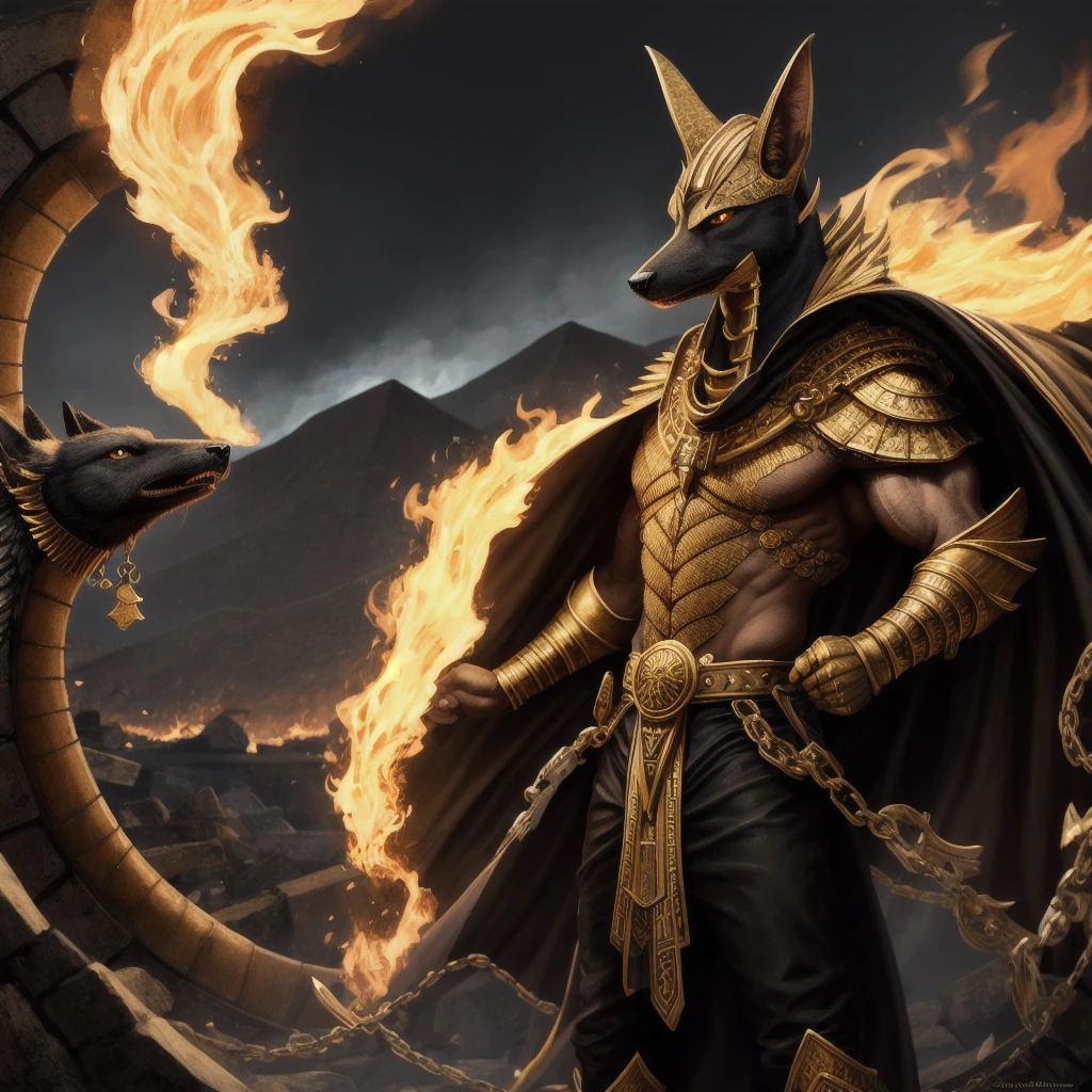 (high quality), photorealistic, (oil painting)
jewelry, (solo),
(dynamic pose), towards right, ((hell gate)), fire, hell landscape, (the underworld), (dark landscape),
anubis, egyptian jackal headed god, anthro, muscular, (holding golden scales), dynamic pose, cinematic, dramatic camera angle, golden armor:0.25, black & gold cape, (good anatomy), (good proportions), award winning, masterpiece, centered, massive bulge