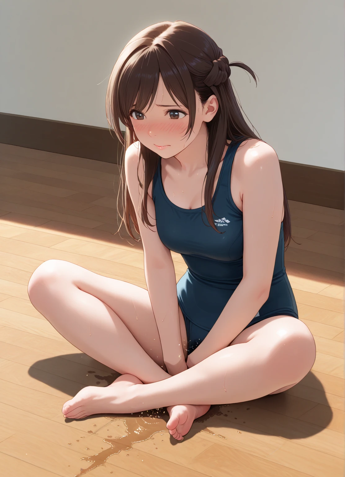 long hair, surreal, 4K, professional photos, , HDR, detailed face, school swimsuit (full coverage swimsuit), masterpiece, (light), beautiful background, realistic background, realistic photo, sleep comfortably in bed