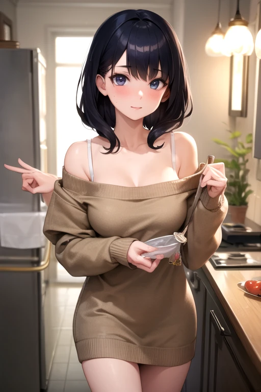 masterpiece, yor, 1girl, Amazing Cleavage:1.3, thin waist, big ass, Raised sexy, medium breast: 1.6 posed cleavage:1.2、solo, looking at viewer, open mouth, have a cup of coffee,black hair, red eyes, dress, bare shoulders, jewelry, collarbone, sidelocks, hairband, earrings, indoors, off shoulder, :o, sweater, arms behind back, plant, short hair with long locks, white hairband, off-shoulder dress, sweater dress, off-shoulder sweater, red sweater:1.2, big side hair, very long side hair,is rendered in (masterpiece: 1.2, best quality), with (ultra high resolution) and an exquisite (depth of field). This masterpiece is not only visually stunning but also tells, make of cooking chainese foods ,in the kitchen
