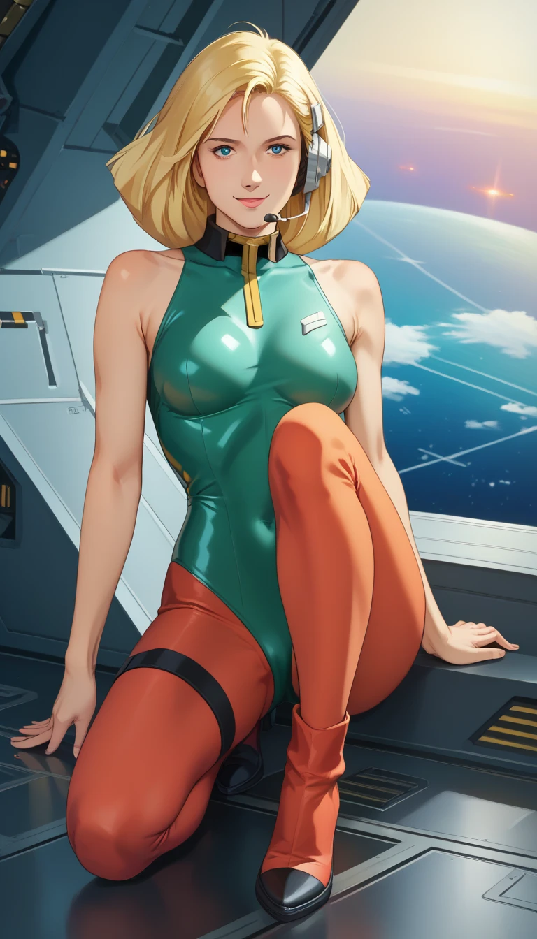 narrow waist, looking at viewer, seductive posture, sexy pose, alluring, clean, beautiful face, pure face, pale skin, samus, mole, ponytail, (blue eyes), inside a spaceship, big breasts, wearing an orange bikini