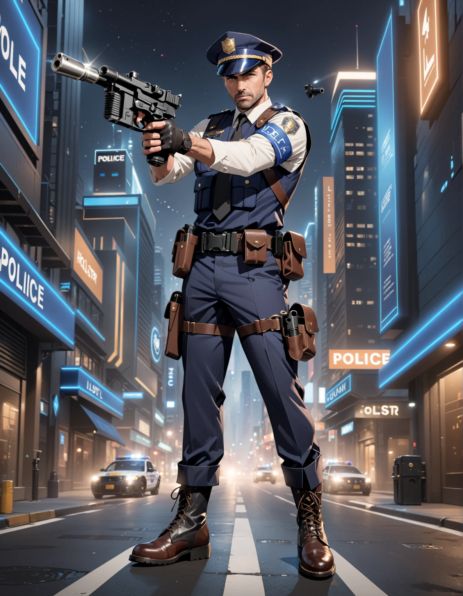 (masterpiece), (best quality), (high res), 1boy, mature man, male focus, perfect hands, perfect , brown hair, (hat, dark blue police hat), (black boots, matching boots), (holding and aiming gun, dl44blstr pistol), fingerless gloves, (full body portrait), looking at viewer, solo, solo focus, standing, police uniform, cowboy shot, futuristic city street backdrop, nighttime, (belt, utility belt, holster), (armbands, white sleeves), full body costume design.