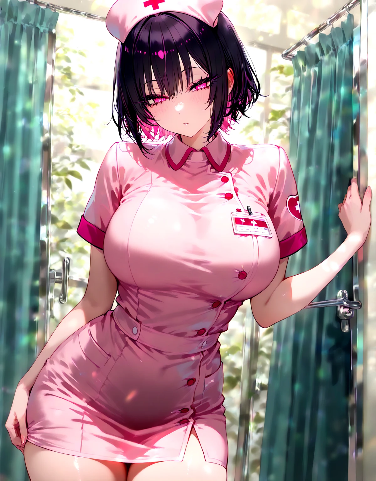 (masterpiece, best quality), 1girl, solo, looking at viewer,
<lora:Angry Ex-GF (Stopman):0.75>,
angryexgf, (red eyes:0.7), brown eyes, black hair, short hair, bob cut, forehead, sidelocks, parted hair, tsurime, medium breasts,
nurse, nurse outfit, pink nurse uniform, miniskirt, short sleeves, buttons, pink skirt, pink shirt,
smile, open mouth, tongue, teeth, happy,
adjusting hair, hand up,
full body,
crystal caves flight,ridge,mountain sunset,turtle