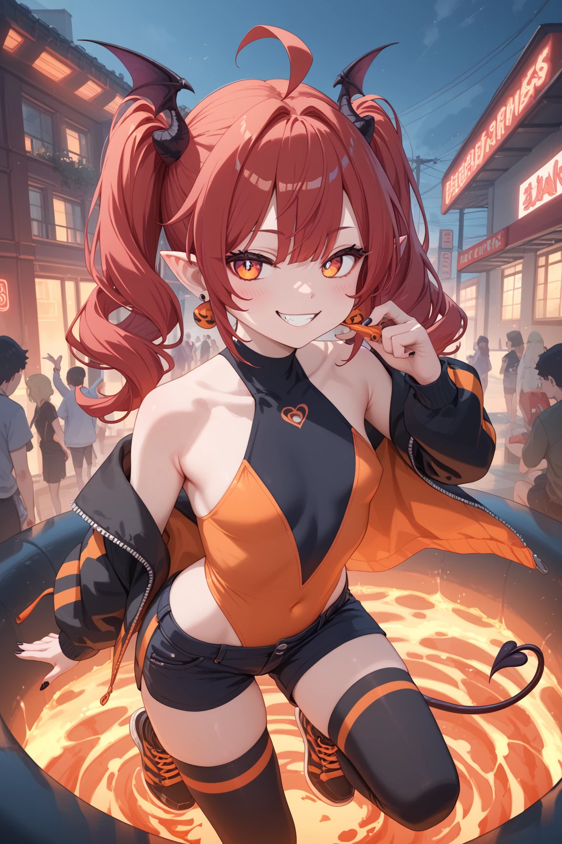 1girl, solo, yorigami jo'on, orange hair, drill hair, eyewear on head, orange eyes, earrings, looking at viewer, crowd, makeup, morden city, mole under mouth, colored inner hair, blue streaked hair, white streaked hair, bar, night city, T-shirt, Denim shorts, black stockings, black stockings, neon lights, smile, open mouth, heart in eye