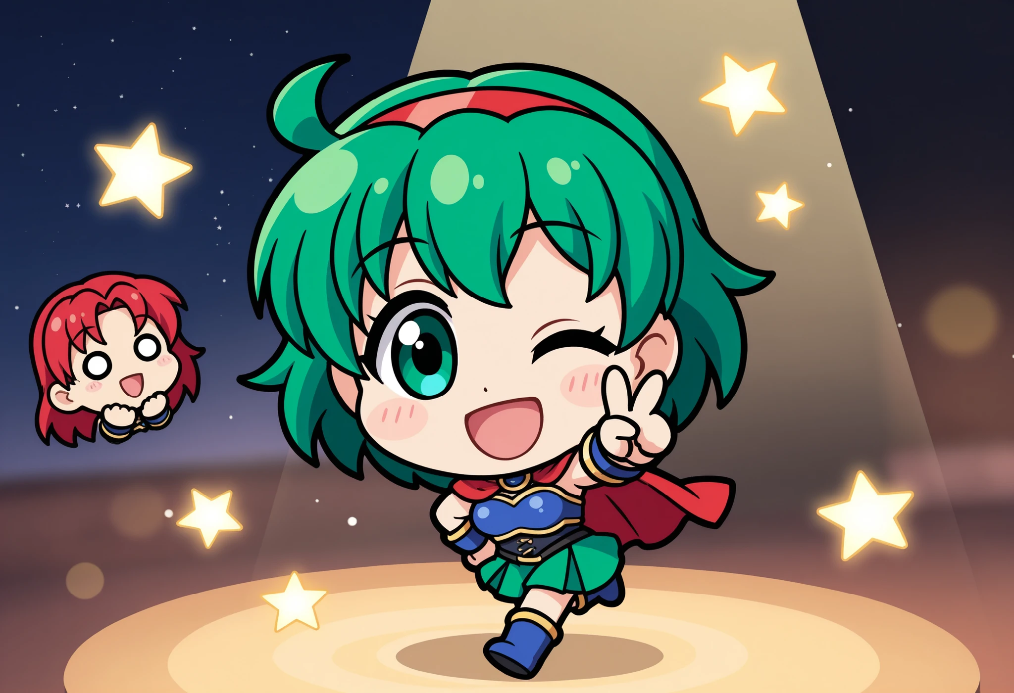 Starry Flowing Background, 1 girl, mumu, green hair, Blue Breastplate, red hair band, blue boots, chibi, laugh, V sign, official art, deformed, Chibi Kawaii, 4K high image quality, Professional Finish, Extreme Details, HDR, UHD, studio lighting, bokeh, Happy Atmosphere, (Highest Quality:1.2, 4K, 8k, very well detailed, attention to detail, masterpiece:1.2, Best Aesthetics),