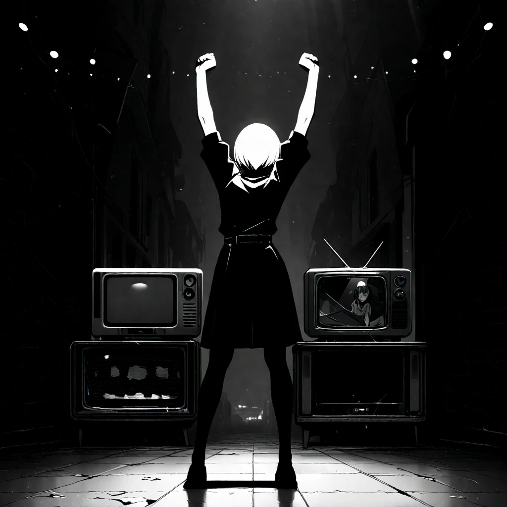 masterpiece, Highest Quality, lively, very aesthetic, high contrast, with arms raised above head, newest, Chie Satonaka、full body shot、Midnight shopping street、broken cathode ray tube television piled up high、sticking out a red burning fist、Straight punch