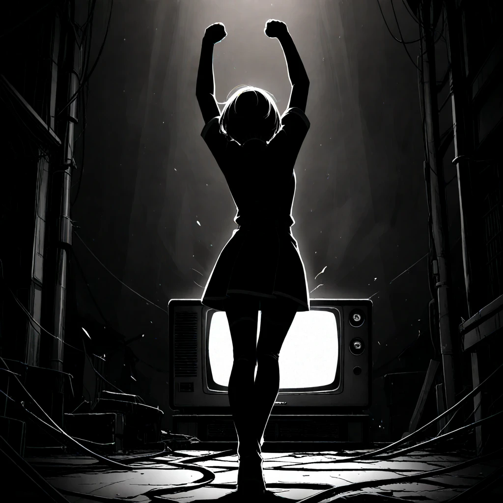 masterpiece, Highest Quality, lively, very aesthetic, high contrast, with arms raised above head, newest, Chie Satonaka、full body shot、Midnight shopping street、broken cathode ray tube television piled up high、sticking out a red burning fist、Straight punch