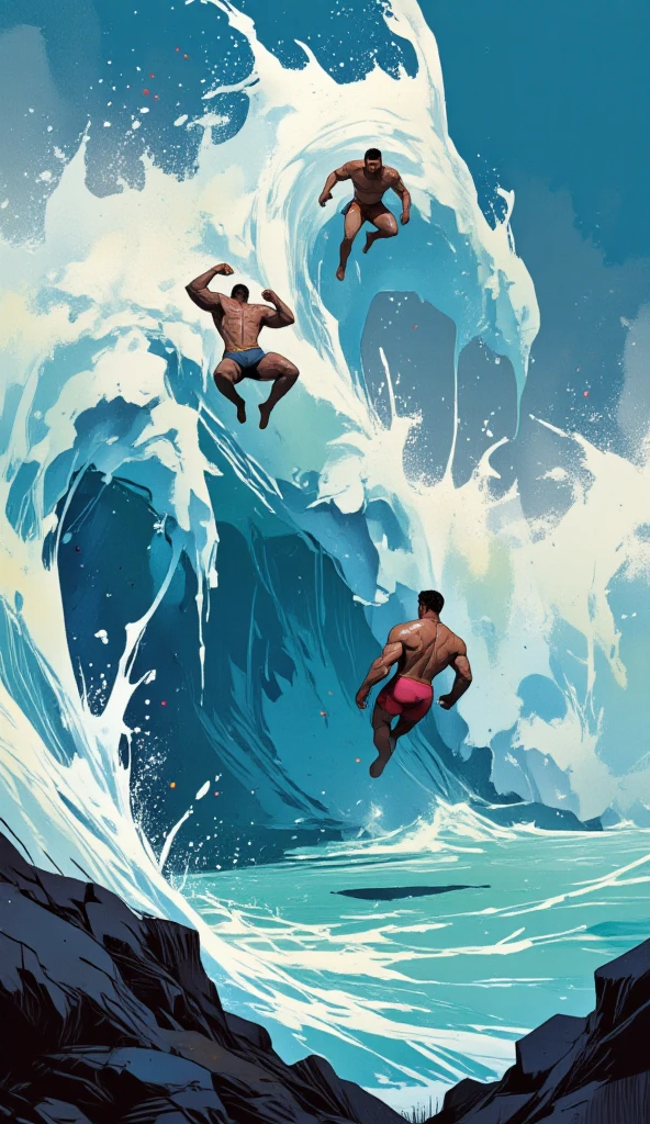 ((masterpiece, best quality, extremely detailed, highres, 8k, detailed face)),4boys,Four male surfers arm in arm, full body description, short black hair, university students