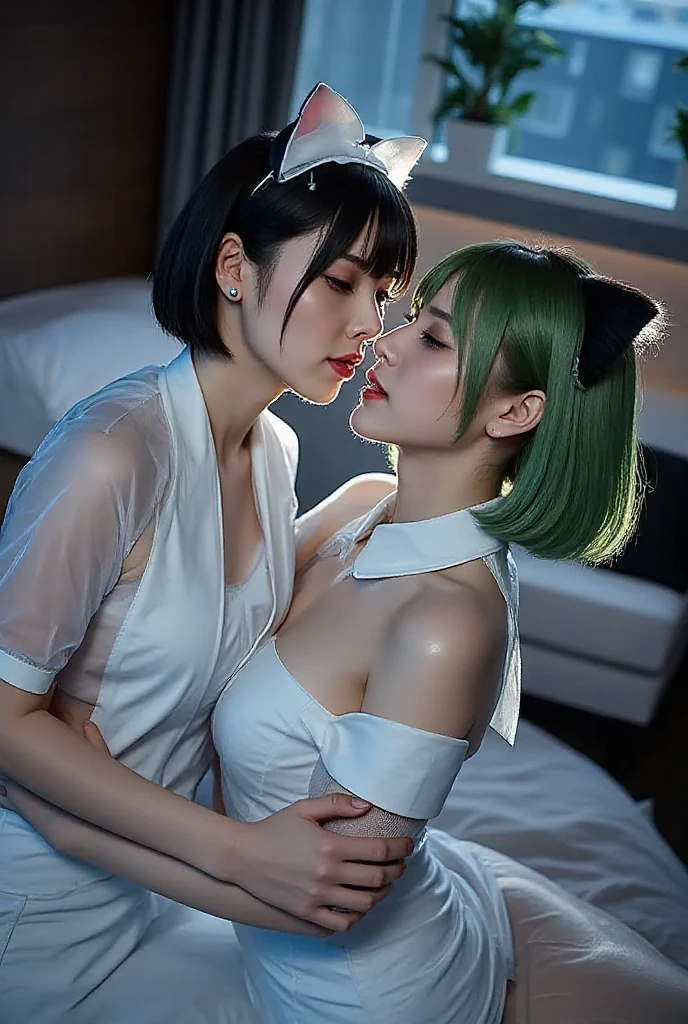 2 naked girls, Fubuki und Tatsumaki, One Punch Man, zusammen nackt auf einem Bett liegen, Beine spreizen, beautiful body, Gorgeous Girls, helle Haut, large chest, herausgestellt, rasiert, dark and green hair, pretty faces, nackt, keine Kleidung, Sexuelle Pose, Nackter Schritt, hot, feucht, keine Kleidung, geil, Fluid comes out, sensual mouth, Beine spreizen, eyes half closed, biting lower lip, sex pose, aroused, ashamed, touching each others private parts