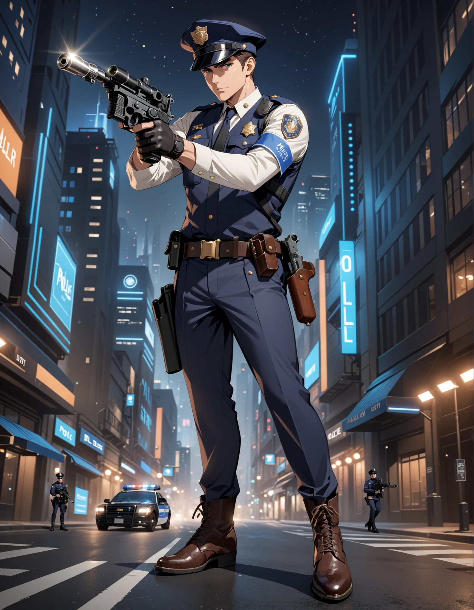 (masterpiece), (best quality), (high res), 1boy, mature man, male focus, perfect hands, perfect anatomy, brown hair, (hat, dark blue police hat), (black boots, matching boots), (holding and aiming gun, dl44blstr pistol), fingerless gloves, (full body portrait), looking at viewer, solo, solo focus, standing, police uniform, cowboy shot, futuristic city street backdrop, nighttime, (belt, holster), (armbands, white sleeves), full body costume design.