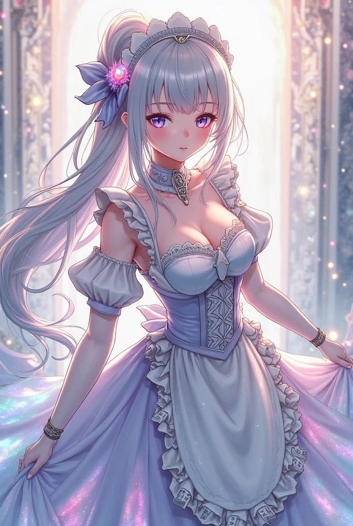 Masterpiece、Highest quality、Super detailed、1 girl、Big Tits、Cleavage、Gray Hair、Fluffy and soft long hair、Pink eyes、Heart Pupil、music、Lace cape、underwear、Ruffles and ribbons、Sparkling starry sky、Sprinkled with stars and crystals、smile、Pink Lipstick、Earrings、Lace veil