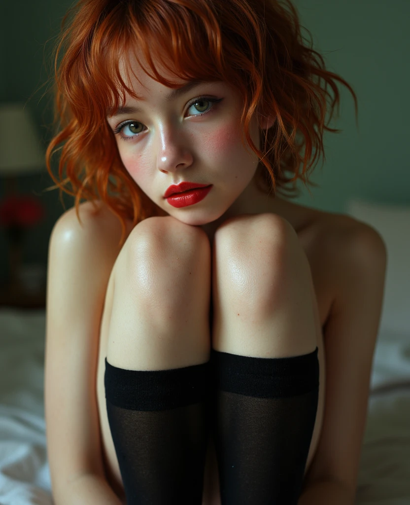 There is a woman sitting on bed naked,Very lean body,very thin thighs,very thin waist,Very small pelvis,Very small breasts,Red-haired girl, Beautiful redhead woman, Red-haired woman, Young redhead girl, short bright red hair, red hair and attractive features, Anna Nikonova aka Newmilky,short-hair, redhair, Beautiful woman, Posing in bed, Red head, With short red hair, Pose in the room,open one's legs,