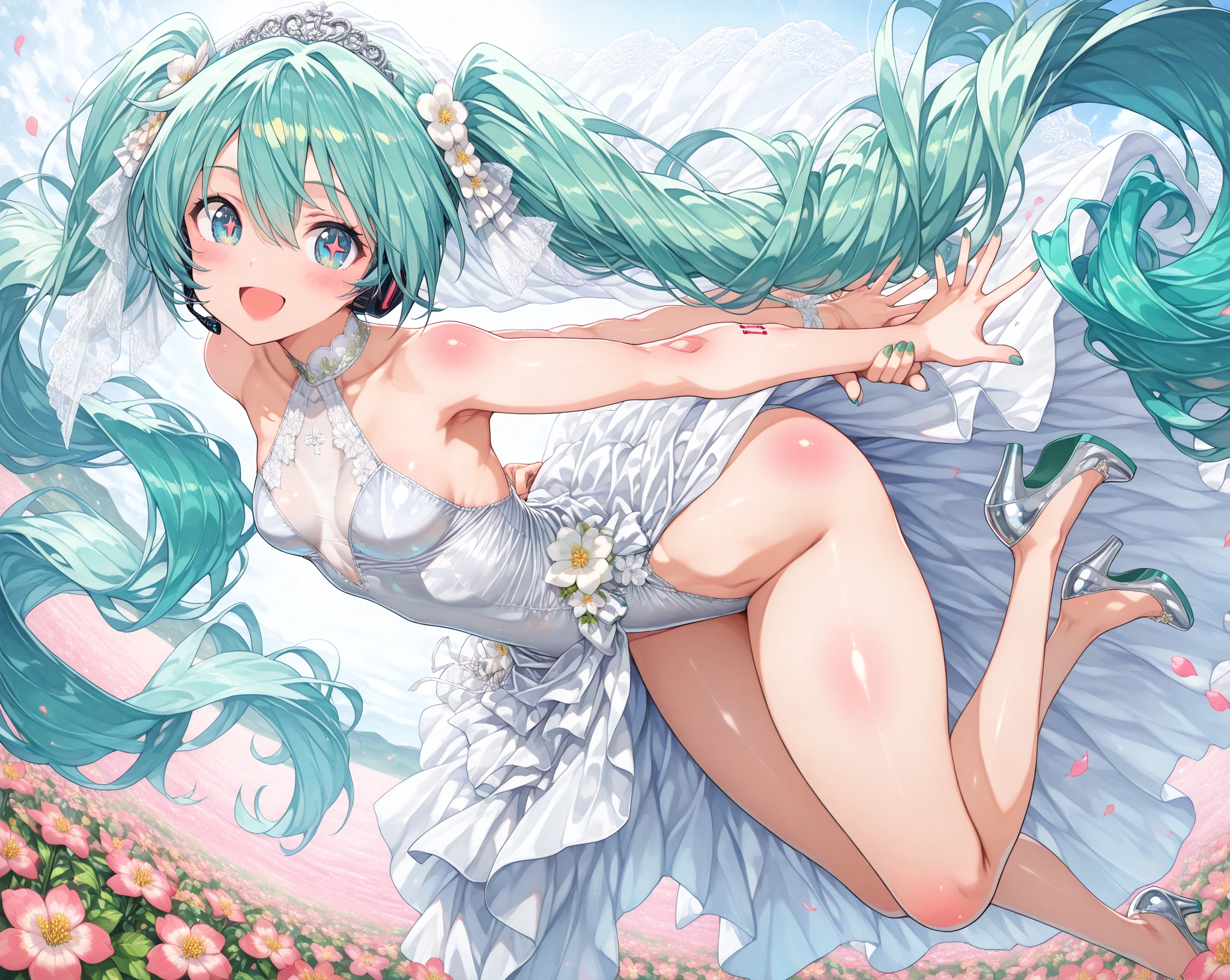 4k, 1toddler, solo, shiny skin, short hair, wolfcut, wavy hair, light green hair, large eyes, (flat chest), ((infantile build)), sitting, (((spread legs))), ((spread pussy own fingers)), (hand crotch), looking at down, ahegao, (blush), wearing one-piece dress, white dress, sleeveless dress, pointy nipples, white sandals, straw hat, sweat, Clothes soaked in sweat and transparent, Clothes are transparent and nipples are visible, blue sky, sunflower field, from below, 