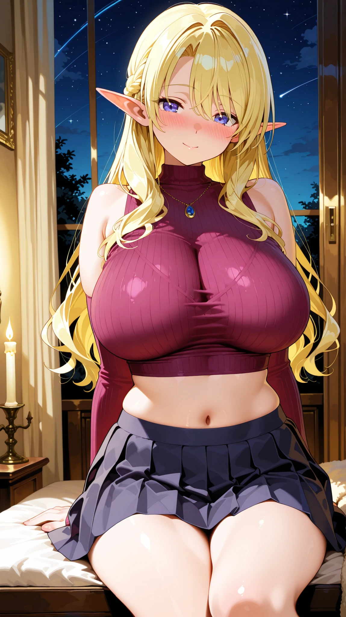 (masterpiece, best quality),best quality, (ultra-detailed), (3heads:1.5), 1girl, (maribel hearn:1.3), masterpiece, best quality, ultra quality, ultra resolution, ultra detail, purple top, crop top, ((stomach)), midriff, ((groin)), purple skirt, frilled skirt, miniskirt, normal ears, shackles, blonde hair, very long hair, wavy hair, sidelocks, purple eyes, parted lips, beautiful eyes, sweat, cute, toned belly, hand on own chest, eyelashes, (24 year old woman:1.3), (masterpiece:1.5), (best quality:1.5), (beautiful detailed extremely detailed CG, extremely delicate and beautiful, depth of field, (finely detailed face), (perfect details:1.3), (mature female:1.3), wide pelvis, slender, large veiny breast, 16k resolution, highres, high quality, high definition, extremely detailed, masterpiece, best quality, blonde hair, long hair, alluring presence, twin braid, short skirt, close up, very big tits, huge tits, young, mob cap, white headwear, red bow on hat, skirt hold, hair between the eyes, nsfw, open belly, midriff, cowboy shot, looking at viewer,