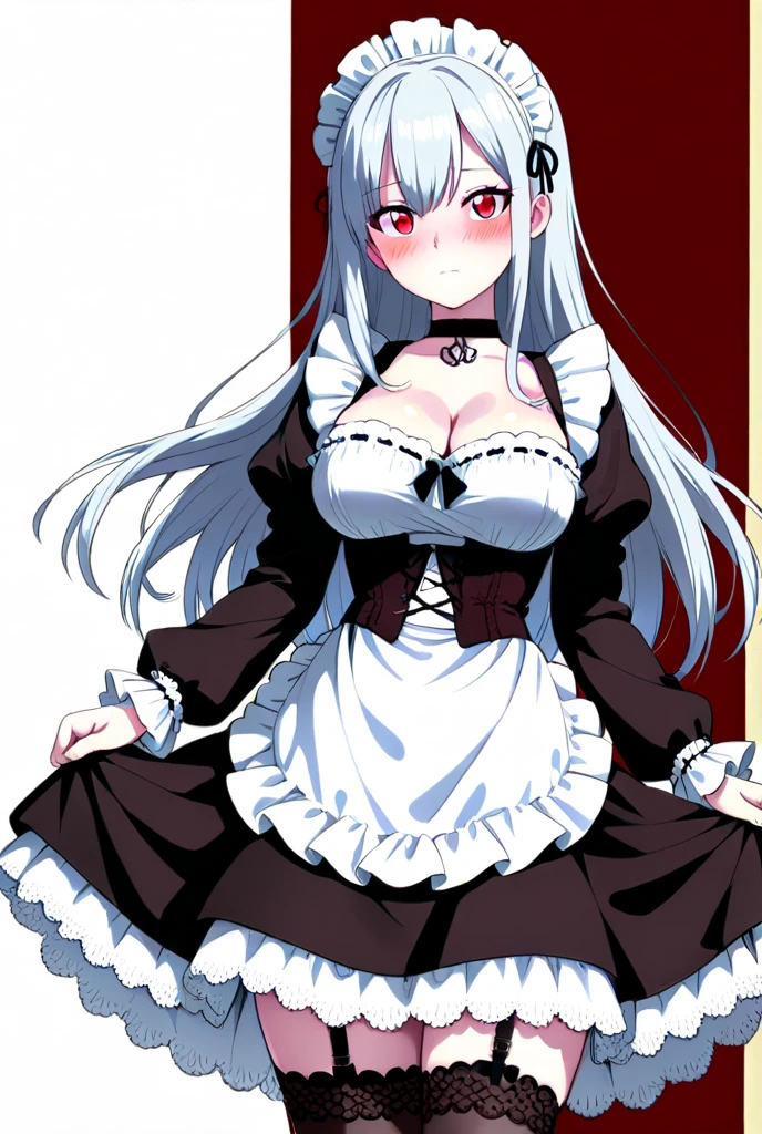 whole body,Standing posture, (Gray Hair,Twin tails,) (Super big breasts,,Symphogia style,Red eyes), (beautifully drawn face:1.2) (Maid clothes,Cleavage) Cold look,(White background)
