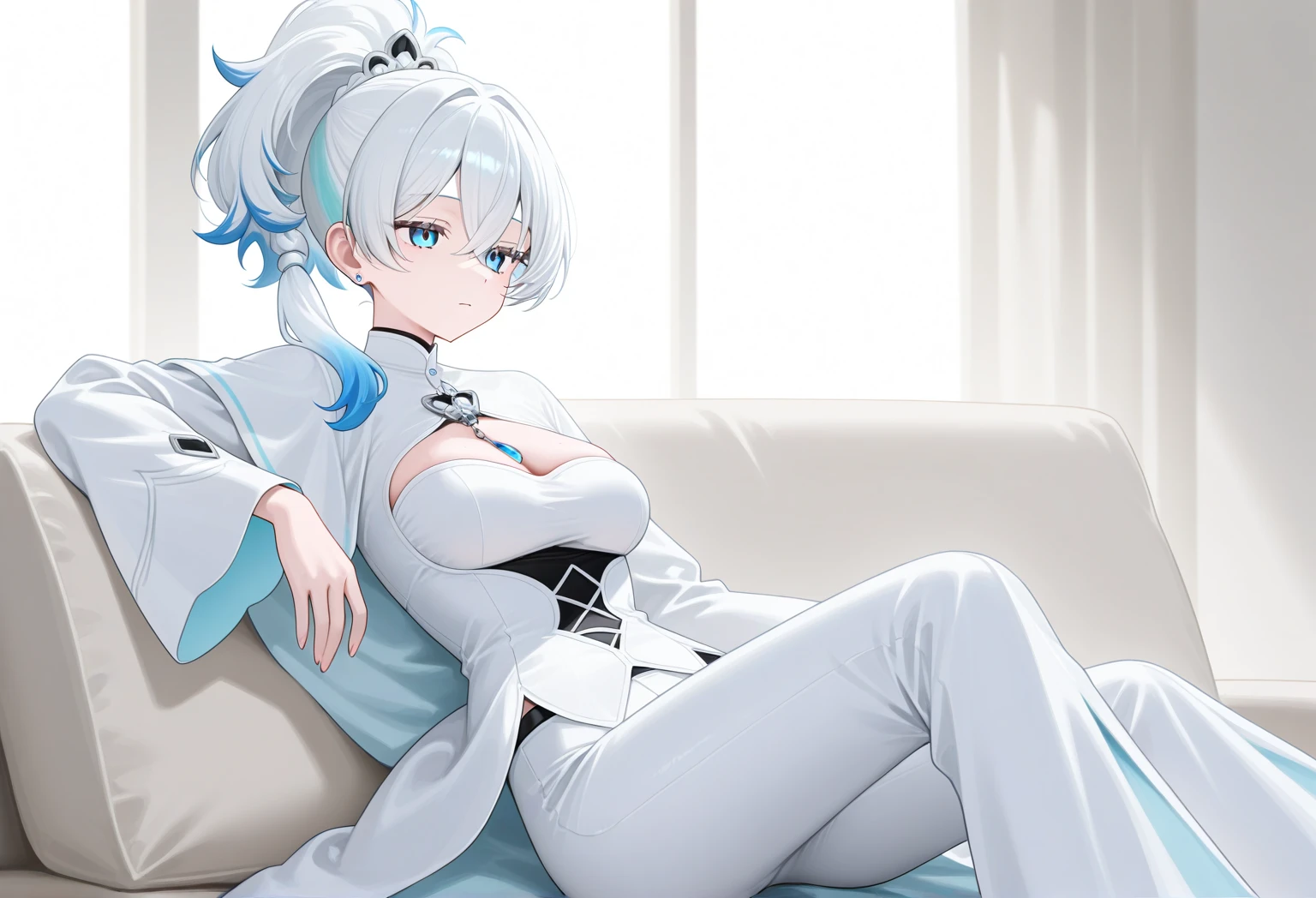 1girl, white hair, short hair, tanned skin, blue eyes, big breasts, happy smile, good proportions, pajamas, sitting, sofa, living room