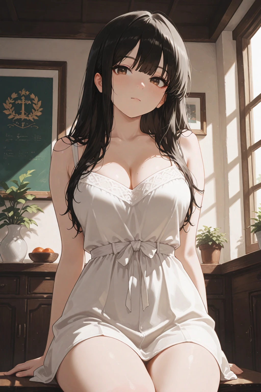 high quality, 最high quality, Realistic, RAW Photos, Realistic, Ultra-realistic 8K CG, Super detailed, High resolution, masterpiece, 1 girl, 18-year-old, Beautiful face of a woman, Soft Face, elegant, Detailed Texture, Maid headdress, apron, Big Breasts、Cleavage、, Long sleeve, bangs, White shirt, Black Dress, Side Lock, メイド apron, black long skirt、solo、A greenhouse full of flowers、50mm lens、Dominant Pose