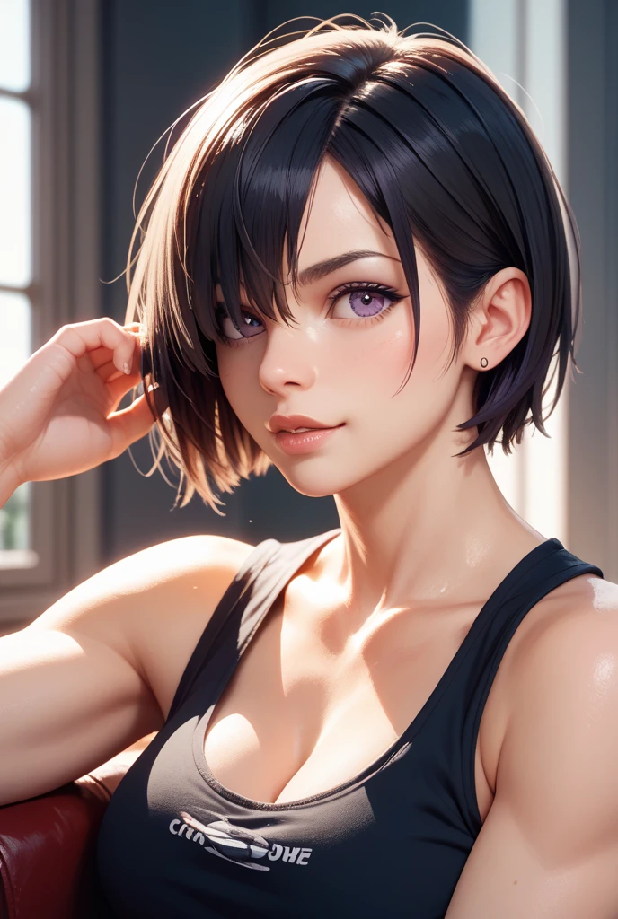 ((( Close up, face of a beautiful girl with brown eyes ))) bright eyes, ( beautiful expressive brown eyes ), realistic face, realistic eyes, realistic hair, eyeliner, red lipstick, shirt falling off the shoulder, short shorts, lips half-open, medium breasts, (shirt:1,6), (shorts:1,6), Looking at viewer, sitting, gaming chair, leaning back, (black hair, messy hair, short hair), Realism, cinematic lighting, masterpiece, best quality, high resolution, high detail, textured skin, anatomically correct, 4K