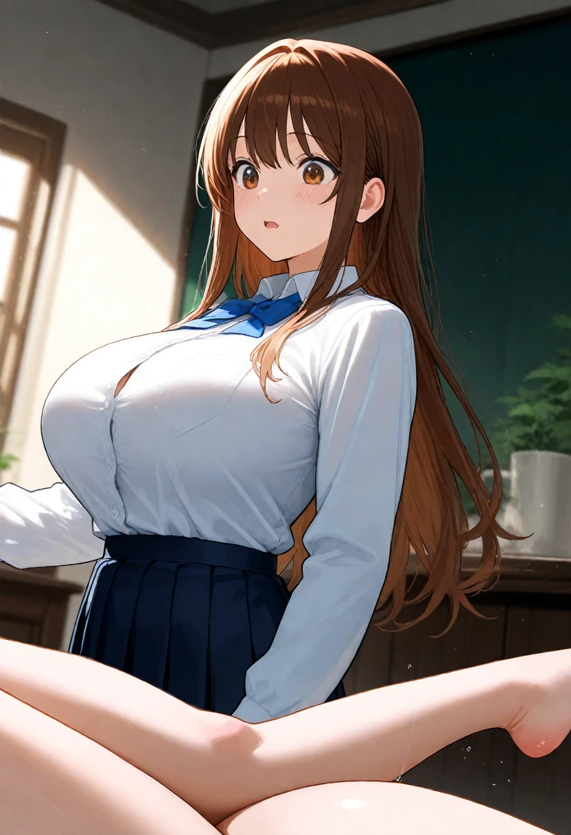 (((lovelive! school idol project,))) (((lovelive!,))) (((Kanata Konoe,))) (((love live! style,))) purple eyes, orange brown hair, long Hair, wavy hair, splash curl hair, , blue pleated shirts, open light yellow cardigan, blue check skirt, 1 girl, long bangs between eyes, (((huge breasts,))) Under the breasts, ((black thighhighs,)) one eye closed, closed mouth, gleaming skin, glistening skin, oil skin, ((see-through,)) light smile, ((wet,))