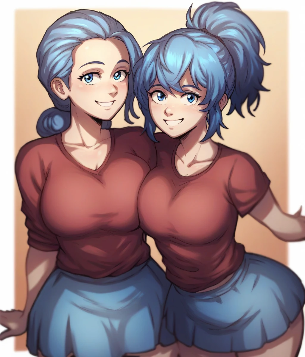 beautiful tall mom with blue ponytail hair, green eyes, blue top shirt, bare belly, dark blue shorts, smile, rubbing her belly, closed eyes