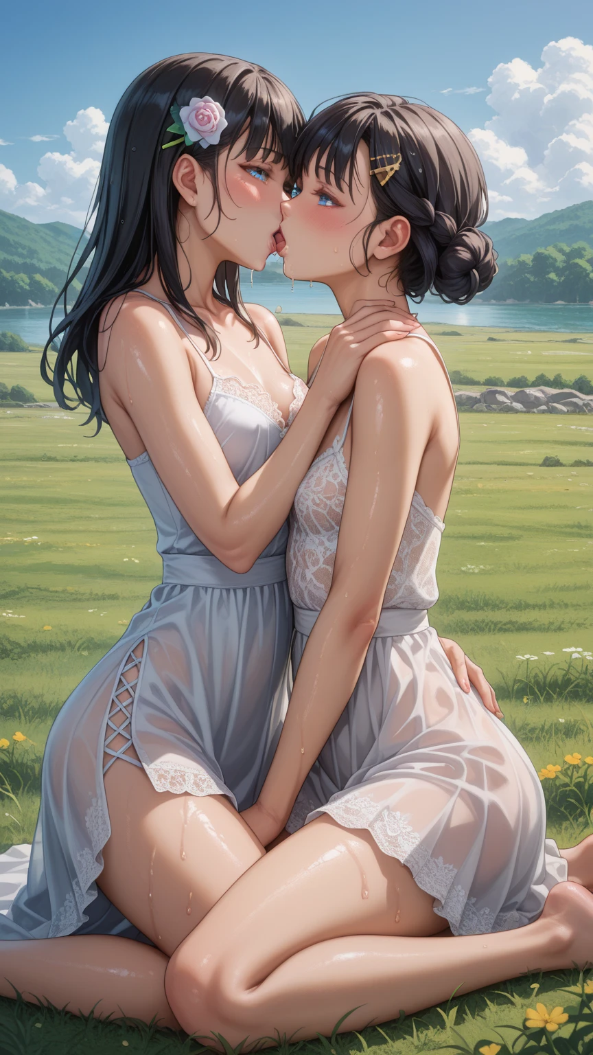 Two girls having sex in a field of blue flowers. The girl on top of the other has tanned skin, blond hair and green eyes. The other girl on the bottom has lighter skin and black hair and blue eyes. There is a small lake near them and a tree where their clothes are. They are both naked and kissing.