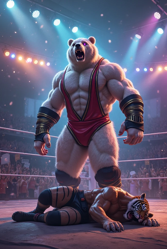 furry, fur taur, beartaur, human-like, anthro, middle-age, solo,1man, detailed face, bear ears, bear eyes(brown), bear nose(black), bear mouth, beard(grey), hair, mature hair(grey), detailed arm, thick arm, forearm hair, muscular, thick hands(5 fingers), thick claws, detailed body belly, thick body, muscle belly(white), thick chest, chest hair(white), nipples, detailed taur body, thick taur body, waist hair, thick bear paws, bear paws hair, thick bear claws, thick bear tail, full body shot, standing in the Olympia Venue