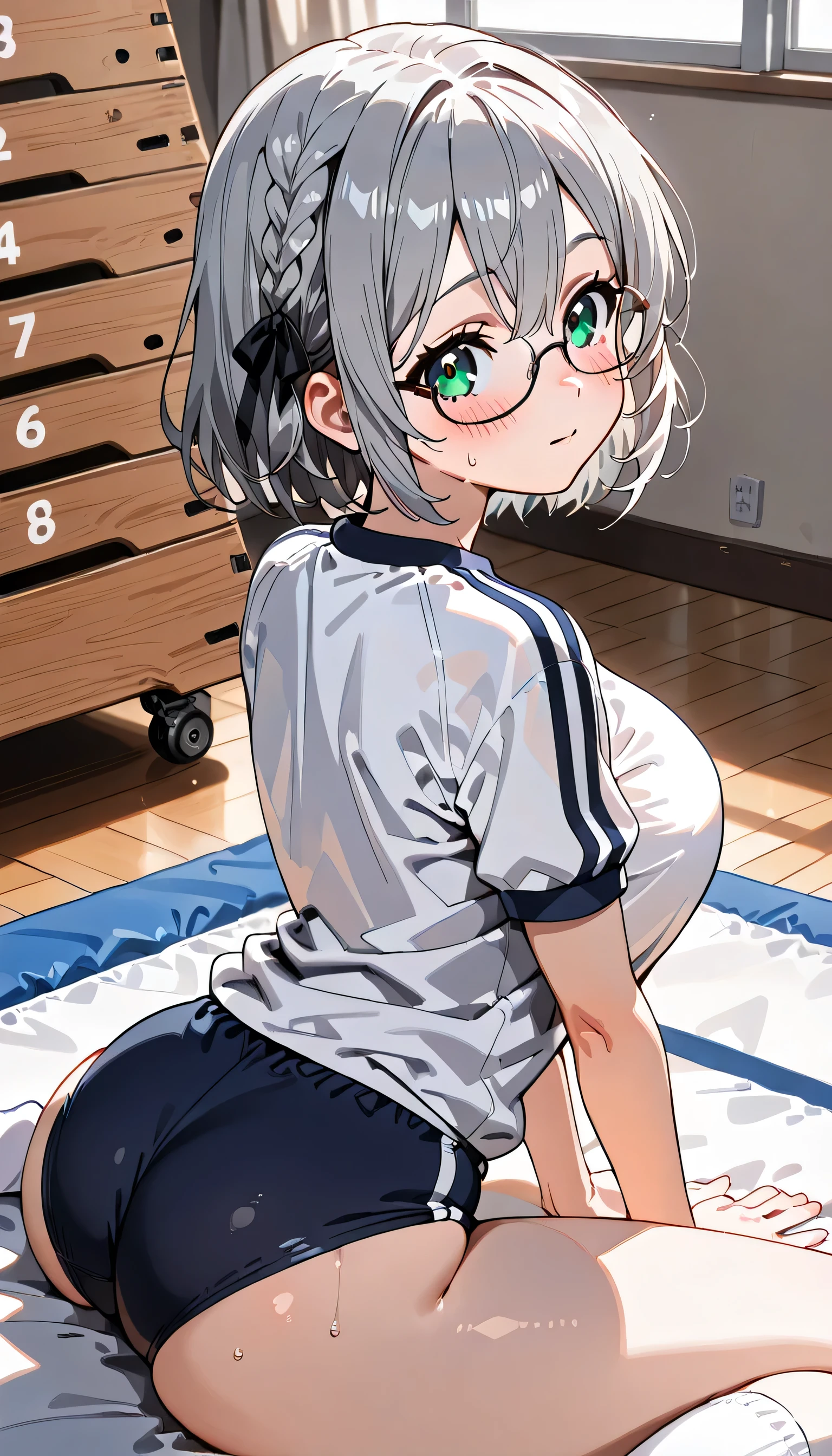 ((ultra-detailed)), (highly detailed CG illustration), (best quality:1.2), ultra-highly, girl, dainty facial structure, baby face, round face, rounded chin:1.2, ideal ratio body proportions, (wearing glasses:1.3), (round eyewear:1.3), Silver Noel, Braid, French Blade, Green Eyes, Gray Hair, Hair Ribbon, Ribbon, Short Hair, Snowflake Choker, Wave Hair, ample breasts, white short sleeve gymnastics uniform with Navy blue rim:1.3, navy blue school gym buruma:1.2, shy:1.2, full face blush:1.2, Sweat:1.3, looking at viewer, sitting on floor, wariza:1.3, V arms, gymnasium storeroom:1.2, sitting on a gymnastics mat, (from behind:1.3), (turn around:1.3), dynamic pose, contrapposto pose, best quality, expecting, pink cheek, blush, light pink gloss slip, portrait, depth of field, sparkling sunlight:1.2, lighting, backlight, shine, lighting, caustics, ray tracing, perfect face, lustrous skin, highly detailed face, highly detailed eyes, perfect face, perfect nose, perfect hair, perfect eyes, perfect anatomy, beautiful hair, beautiful small face, extremely detailed face, beautiful detailed eyes, beautiful clavicle, beautiful body, beautiful ample breasts, leavage, breasts squeezed together, equalize the size of the left and right breasts, beautiful thin thighs, beautiful legs, beautiful fingers, ((4 fingers)), 1 thumb, lovely, (very detailed background:1.0), (highly detailed background:1.0), summer aesthetic, intricate details, festival atmosphere, summer colors palette, chromatic aberration