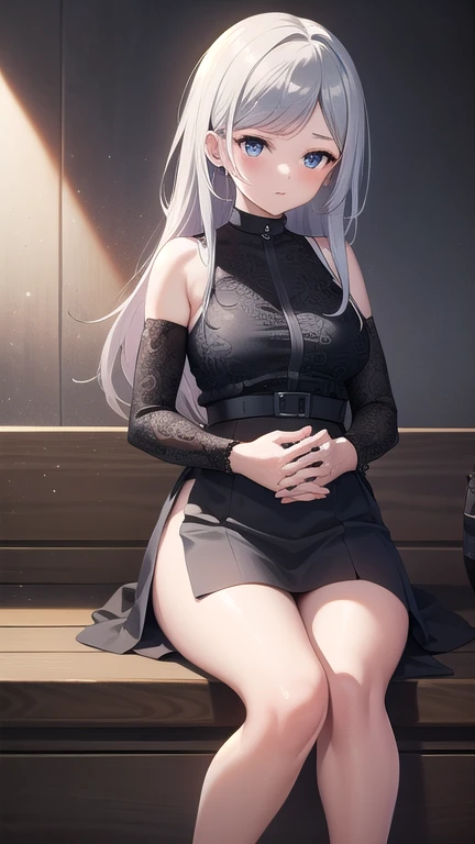 Girl, 20 years old, with long white hair down to below her waist, a serious yet tender expression, and red eyes. Her hair features black streaks. She wears antique-style clothing, a long black dress with a slit on the legs, and high black boots that almost reach her knees. Her power and background are related to shadows and darkness. 