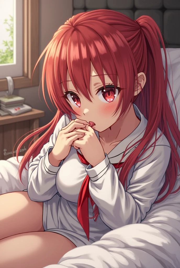 best quality, <lora:Mio_NaruseV4:1>, Mio_Naruse, 1girl, naked-pajamas, tired, rubbing_eyes, red_hair