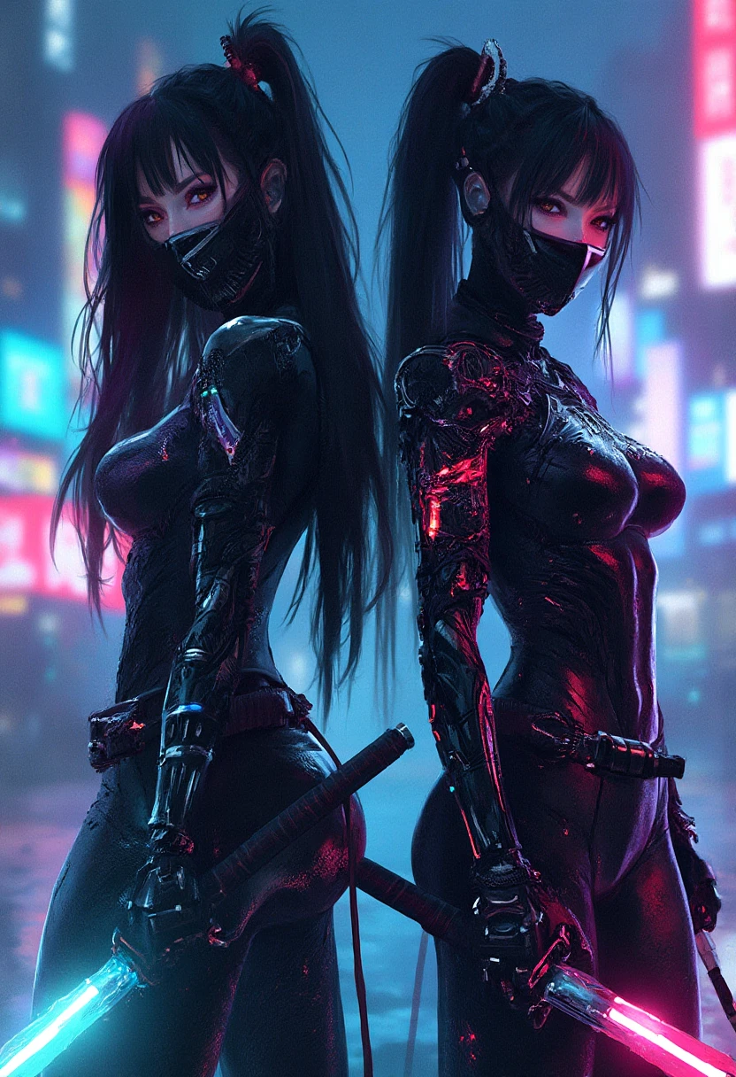 Create an anime-style cyberpunk image of a girl wearing black cyber ninja attire with red and gray accents. She's wearing a black cyber mask, her hair is black with blue parts. She's standing on a deserted street with neon signs featuring Japanese characters. The image should be detailed with maximum focus, in 8K UHD resolution, Overwatch-style, game-style, with a detailed and flawless face, perfect lighting, and maximum attention to detail.