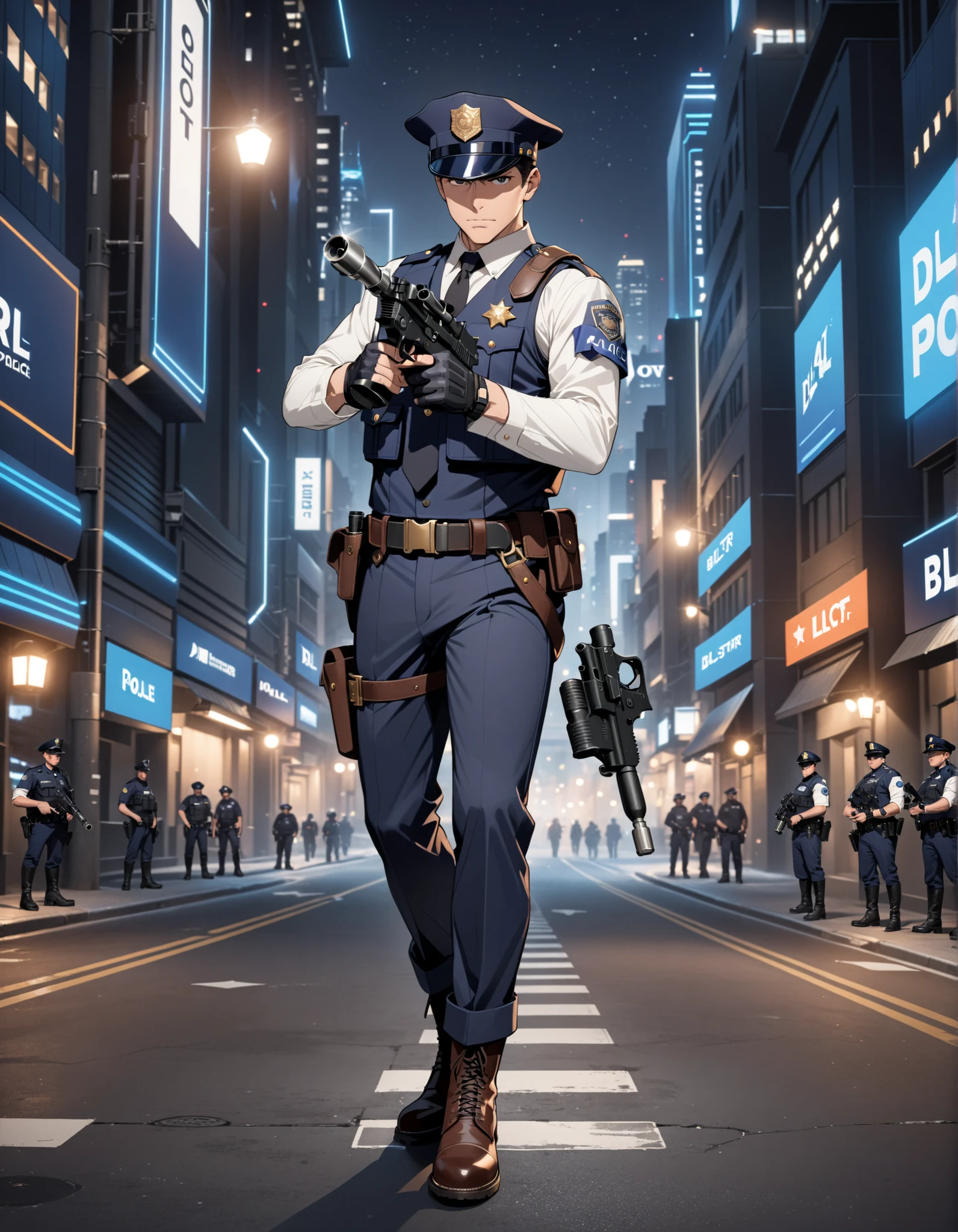 (masterpiece), (best quality), (high res), 1boy, mature man, male focus, perfect hands, perfect anatomy, brown hair, (hat, dark blue police hat), (black boots, matching boots), (holding and aiming gun, dl44blstr pistol), fingerless gloves, (full body portrait), looking at viewer, solo, solo focus, standing, police uniform, cowboy shot, futuristic city street backdrop, nighttime, (belt, holster), (armbands, white sleeves), full body costume design.