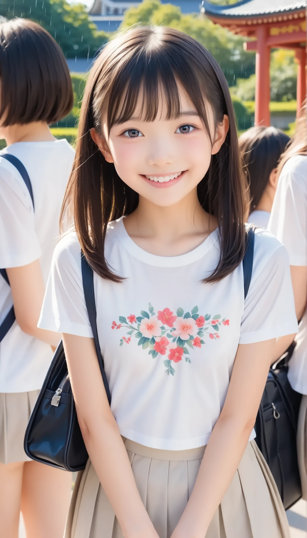 (8K), (Raw photo),(Best Quality),(Dramatic Lighting, depth of fields), (cinematic postprocessing,cinematic scene,cinematic composition,cinematic lighting),
(ars old woman), (female junih school student)
(emely beautiful girl,extremely detailed face,detailed shoulders,detailed bust), ( Beautiful scenery, isometric,too bright natural light),
(The sun shines on the breast),
((kawaii,no make-up:1.3)), ( Immature build,delicate body),(Slender figure), (white porcelain skin:1.3),(white-skinned:1.7), (Pretty Face, bright eyes,no make-up), (face like a Japanese Idol),
(long straight hair), (dark hair),
(slender chest,small breasts:1.3),(narrow shoulders,thin arms), (thin thighs,small butt:1.3),
(cute girl is running happily at school route in the Kyoto after the rain, old temple, Shinto shrine archway),(in period drama set:1.2),
(crew neck white T-shirt with print:1.3),(pleated floral white skirt),
(innocent-looking face),(smile,white teeth,cherubic) ,(looking away:1.2),
(carrying student bag,schoolgirl's socks)