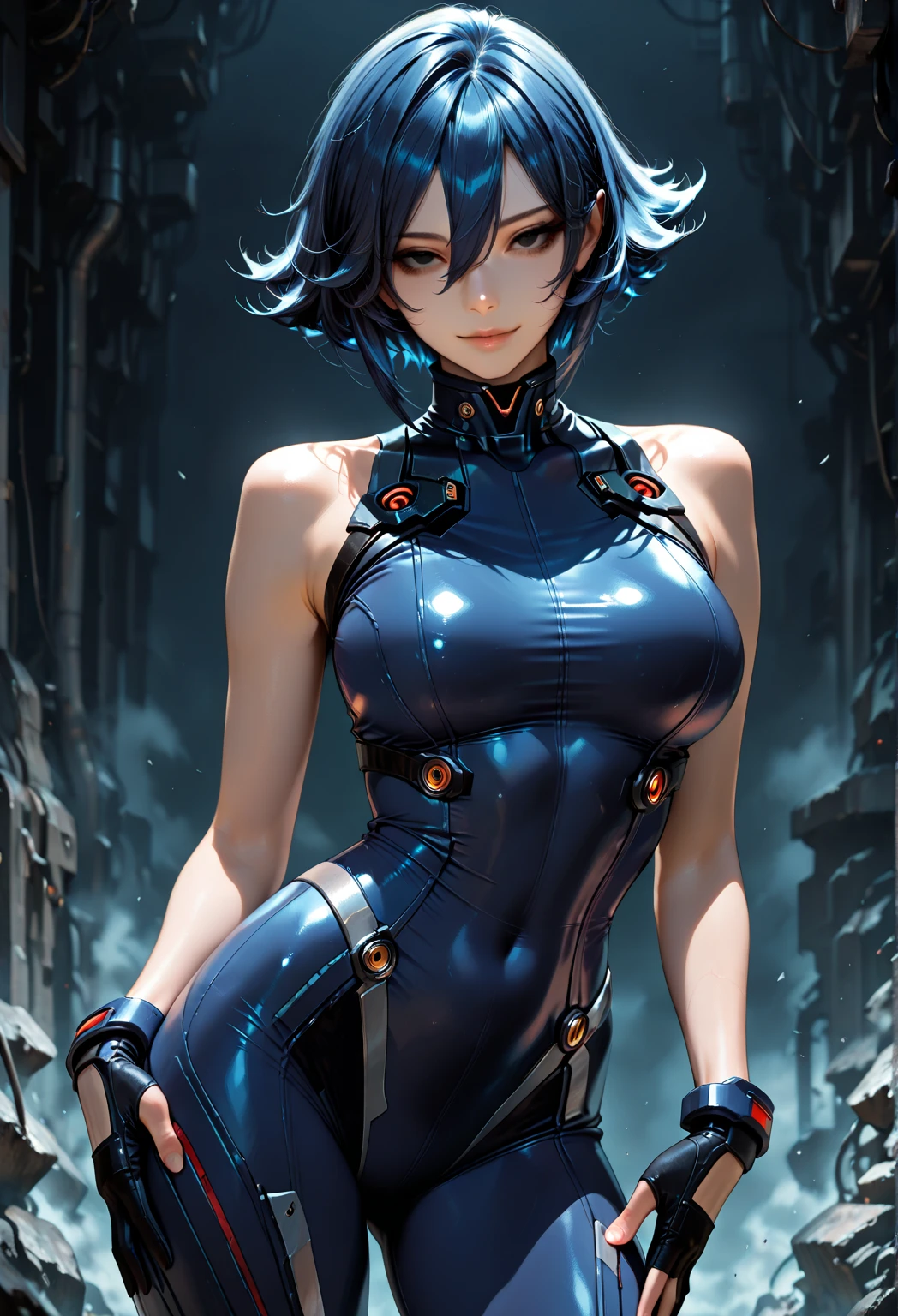 Dark and gloomy whole body 8K uniform rendering, Mature female cyborg, Blue hair, Wearing tattered armor, In a cluttered shack , action  shot, tattered torn shirt, Cracking of porcelain skin, skin pore, detailed intricate iris, very dark lighting, heavyshading, Detailed, Detailed face, (vibrant, photograph realistic, Realistic, Dramatic, Dark, Sharp focus, 8K)