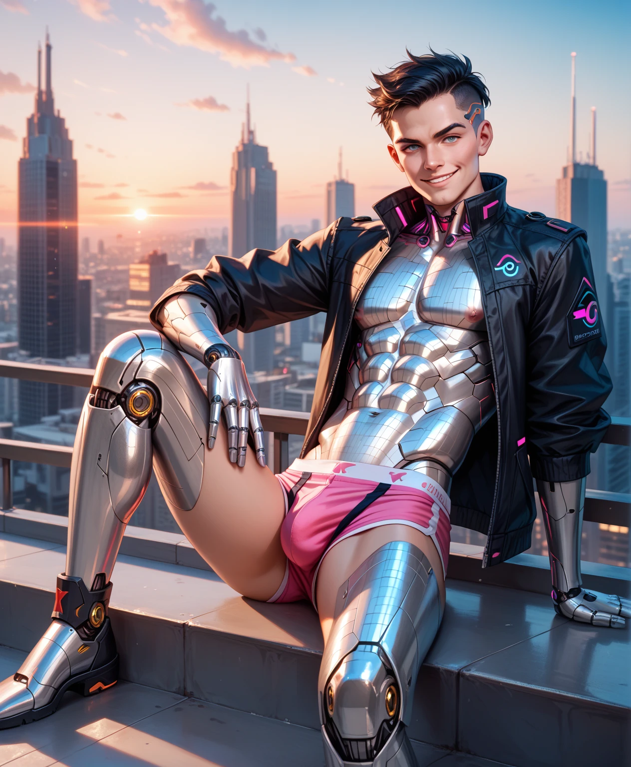 1man, with robot body parts, naked body, Sexy Steampunk Style, penis, train station in the background, (Intricate Details, Masterpiece, High Quality, Best Quality)