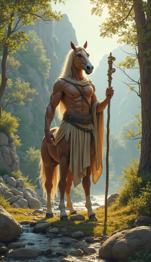 Centaur, a white centaur prins in a forest, sunshine rays, highly detailed centaur with muscular chest, gold belt, legs with hooves, white horsetail, fantasy creature:: Meticulously hyperdetailed fantasy photo with breathtaking intricate details, by WETA FX and industrial light and magic, intricate elaborate RTX enhanced CGI render, masterpiece, best quality, very aesthetic, absurdres
