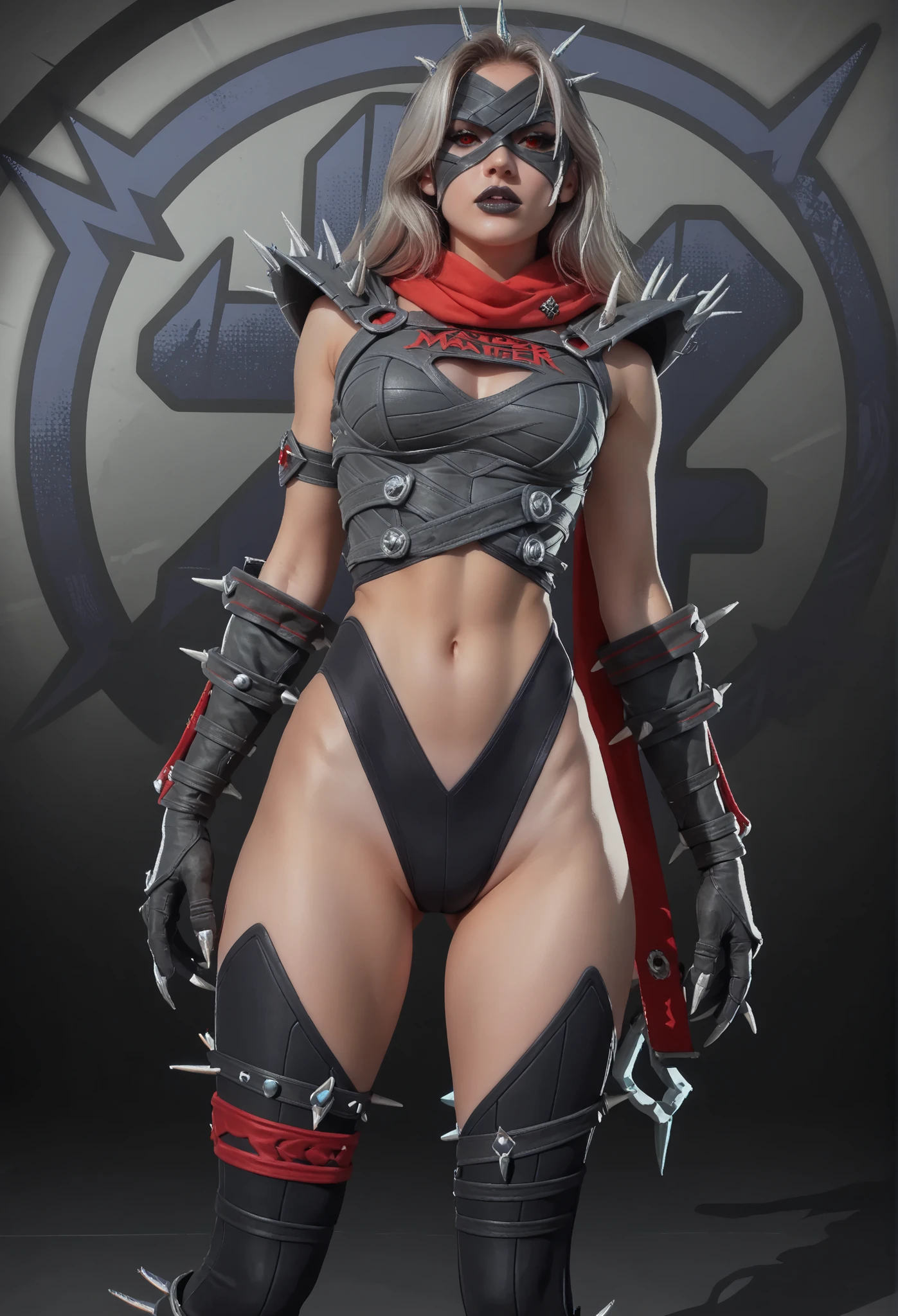 score_9, score_8_up, score_7_up,source_anime, high res image,masterpiece,best quality, 1girl, solo, long hair, breasts, looking at viewer, red eyes, thighhighs, gloves, navel, grey hair, parted lips, scarf, armor, leotard, clothing cutout, mask, black leotard, spikes, colored sclera, red scarf, black sclera, navel cutout, black lips, stomach cutout