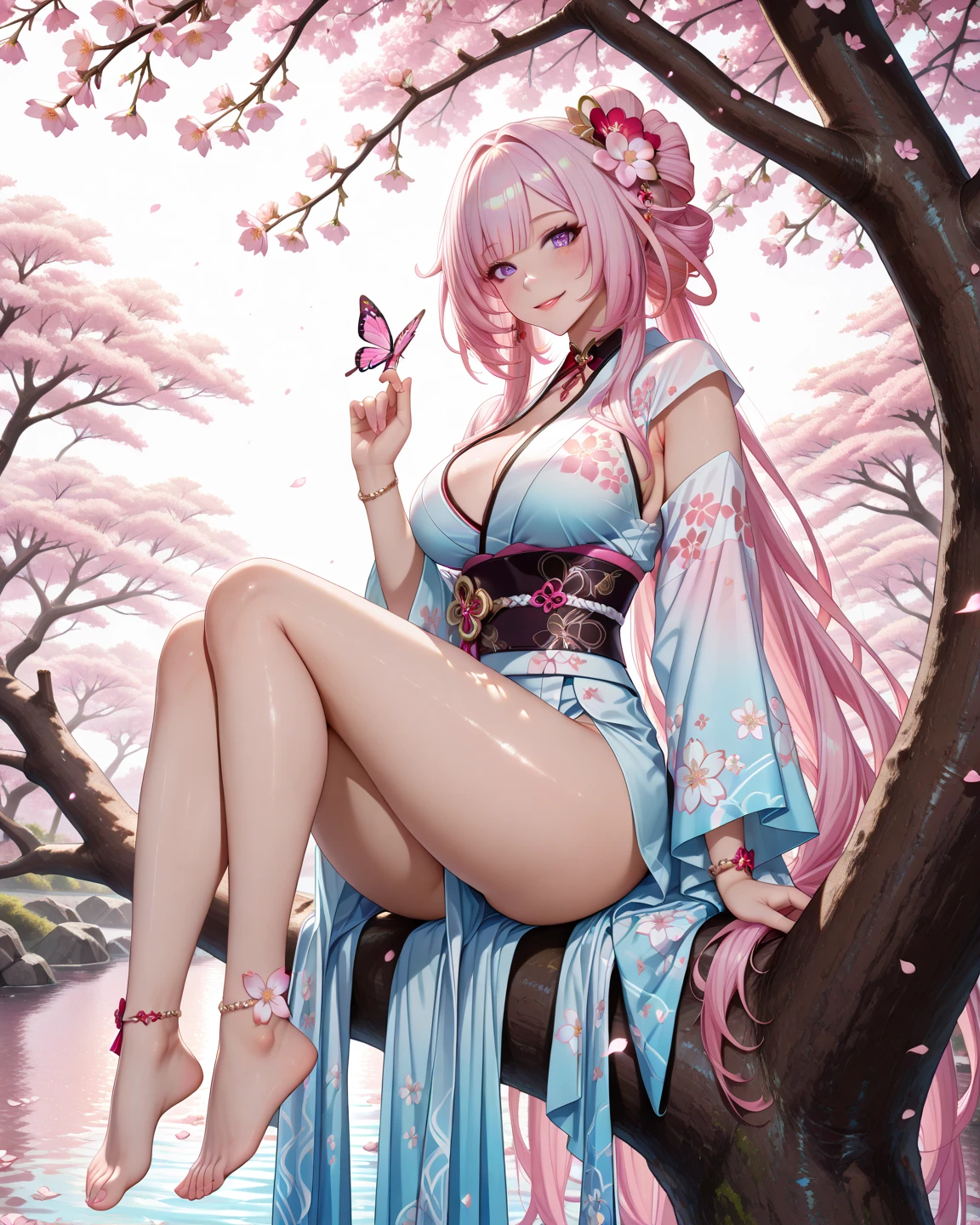 best quality, ultra high res, (photorealistic: 1.4), 1girl, open legs, CG, lace-trimmed cherry blossom flowers custom color old Japanese bras, (transparent clothing:0.2), round chest, lace-trimmed cherry blossoms, fish net, cherry blossoms flowers custom color antique Japanese wet panties, cherry blossom lace garnish flowers, off-shoulder cherry blossoms color shirt, socks Crew, (passed), (faded long cherry blossom flowers hair color: 1.3), hair ornament, (perfect medium breasts: 1.2), looking at the viewer, gold crown, gold necklace, earrings, bracelet, armband, Japanese background, blood, ((blood eyes)), Transparent Thin Cherry Blossoms Tights,, (nsfw:0.2) --auto --s2