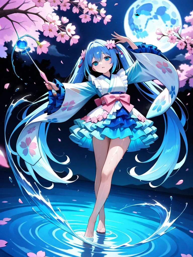 light blue long hair Beautiful girl with twin tails adorable smile cherry blossom pattern dress yellow rape blossoms Full bloom cherry blossoms Cherry blossom petals are dancing petal splash art blue sky