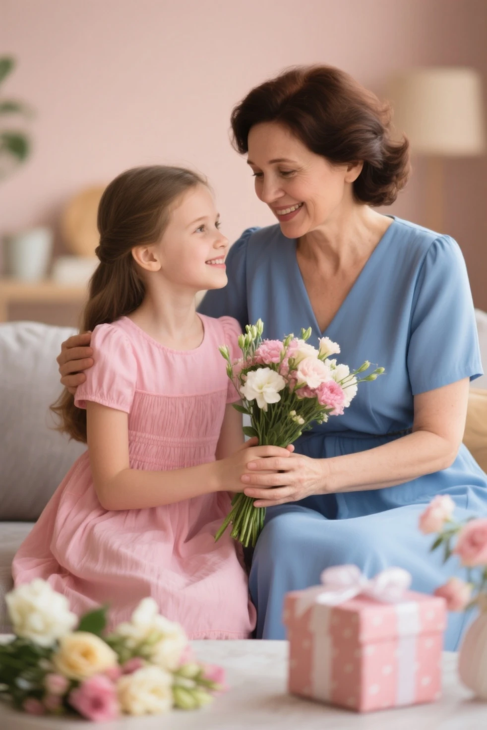 a 40 year old mother receiving a bouquet of flowers from her 10 year old daughter, the two are in profile, happy, showing affection and love, solid color and blurred background, hyper realistic photographic quality, insane skin and hair textures, details Intricate, predominant color soft pink