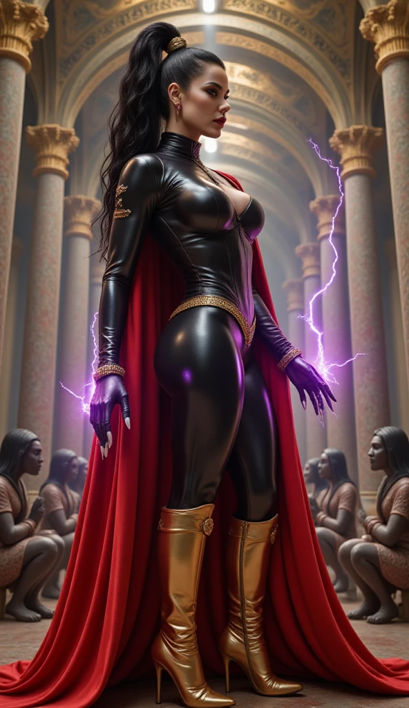 Goddess evil queen, african female goddess, crown, african, golden eyes, big breasts, big butt, strong abs, strong biceps, hyper muscular, tall, golden and black clothes, divine evil clothes, black woman