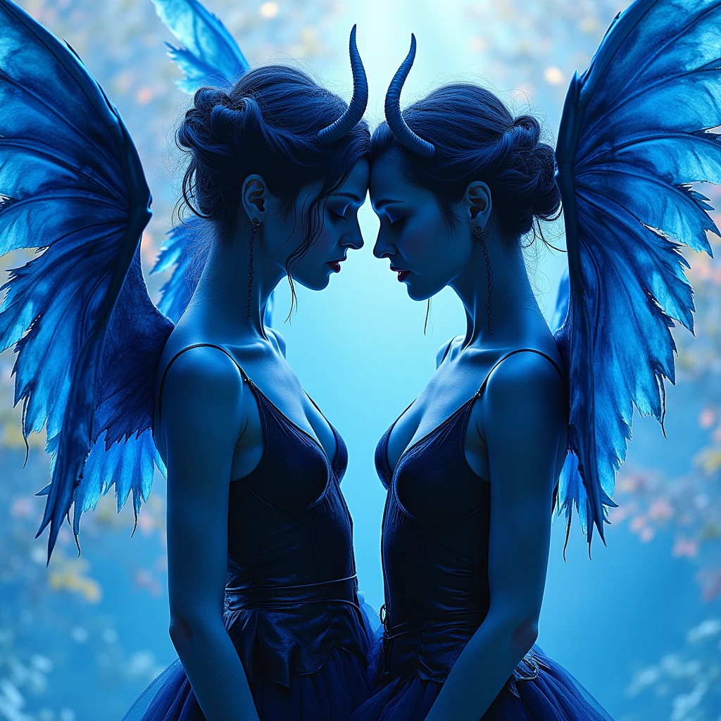 two twin females gemini star sign two identical theme, sexy dragon, electric blue, color , golden =two twin females gemini star sign two opposite theme, sexy dragon tattoo, electric blue, color , golden wet skin in moon light sexy pose with dragon wings dragon nsfw