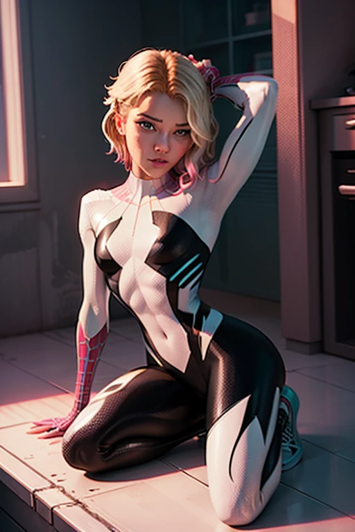Superhero Gwen Stacy, pelo rubio, cabello corto,vender a menor precio que, asymmetrical hair, blue eyes, mejor calidad ,obra maestra, Spider web printing,traje de cuerpo,mirando al espectador, ojos extremadamente detallados , 4k , vista frontal