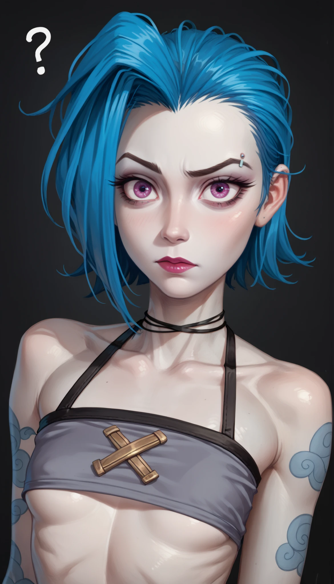 one girl, jinx of league of legends, slender body, blue hair, (short hair:1.4), purple eyes, beautiful eyes, (grey skin, pale skin:1.3), blue tattoos, (very small chest:1.2), gradient blured background, (upper body, bust:1.2), grey crop top, (underboob:1.2), (bare shoulders, bare neck:1.4), (one eyebrow up face expression, curious face:1.2)