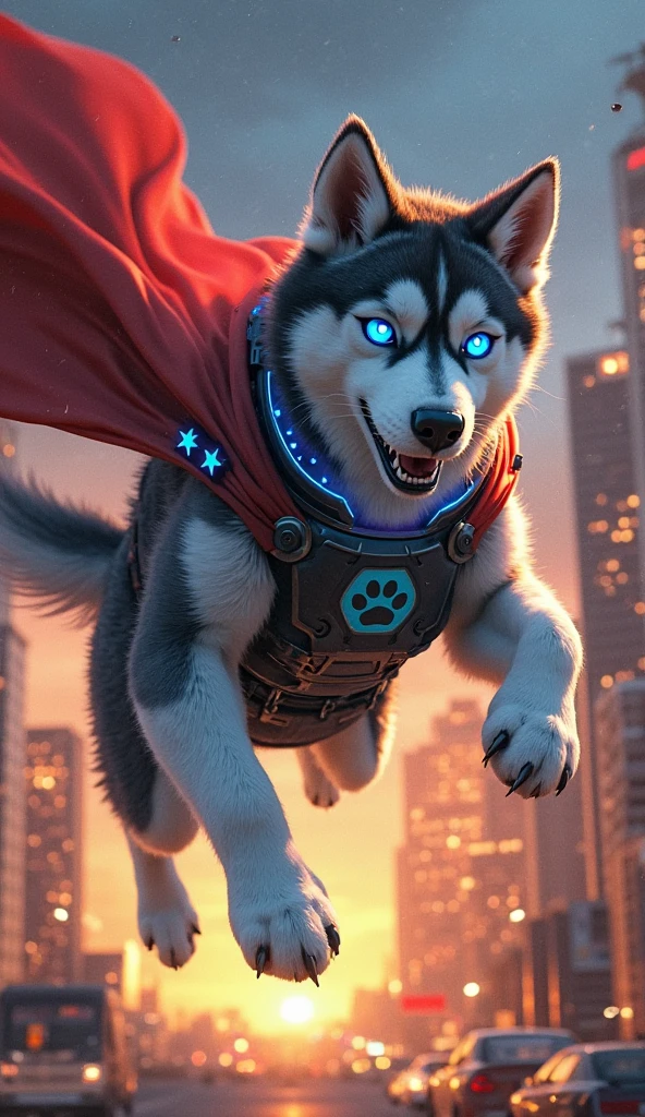 Death Wolf using the cosplay of superman flying around saving the gay audience in his arms and lastly looking at the viewer with his very sensual red eyes a very sensual smile 3D ULTRA HD 8K