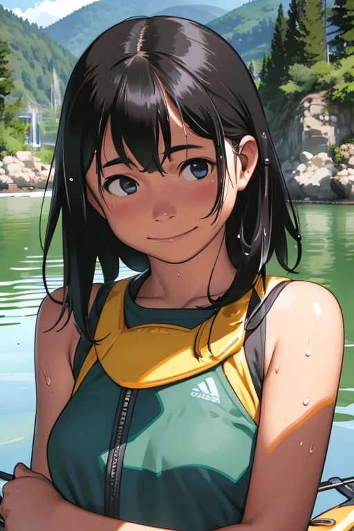 highest quality、Realistic、female、zoom、Chestnut Hair、Turquoise Eyes、Long Hair、athlete、muscle、Swimwear、Sunburned、Tan Skin Smile、Ocean、Looking down、、Bust Shot、　